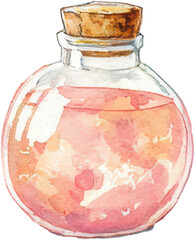 Pink potion glass bottle cork stopper watercolor hand painted vintage apothecary floral pastel translucent