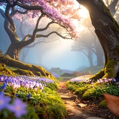 Magical forest path in springtime