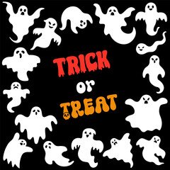 White Ghosts with Red and Orange Trick or Treat Text on Black Background