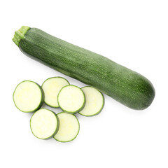 Whole and cut fresh zucchinis isolated on white, top view
