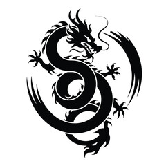 Black and white vector silhouette of a Chinese dragon curled into a circular frame for culture, mythology, and decorative design