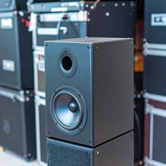 Black square speaker against a blurred background of other audio equipment