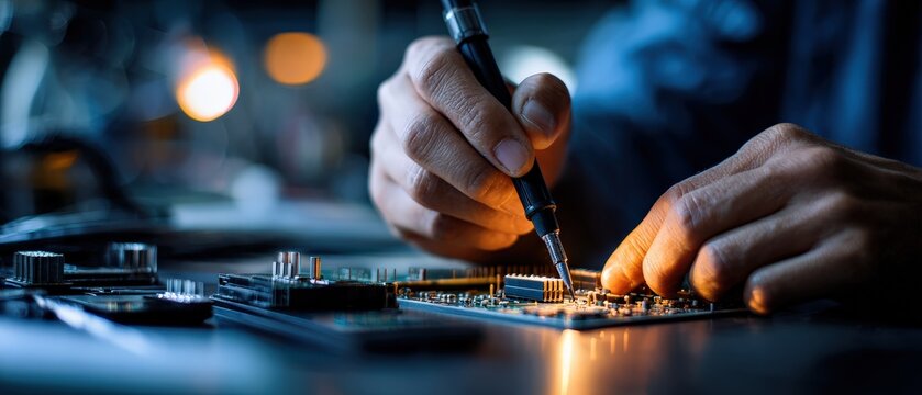 Closeup of adult man soldering circuit board with precision tool indoors Concept of electronics repair, technology, and engineering