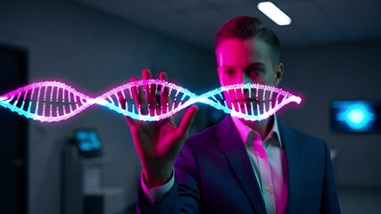 A professional man in a suit analyzes a glowing holographic DNA helix, showcasing futuristic biotechnology and genetic engineering concepts - Powered by Adobe