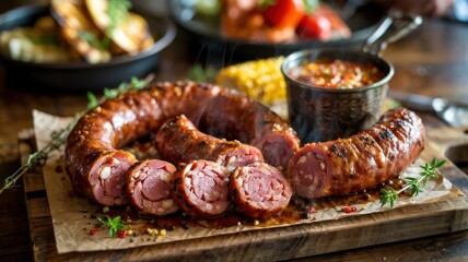Grilled andouille sausage sliced on rustic wooden cutting board with herbs and corn, showcasing perfectly cooked Cajun cuisine with rich caramelized exterior