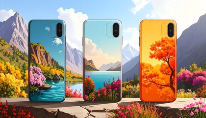 Three smartphone cases, each with a different autumnal landscape