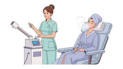 Skincare professional prepares facial steamer for client receiving treatment in a comfortable salon chair