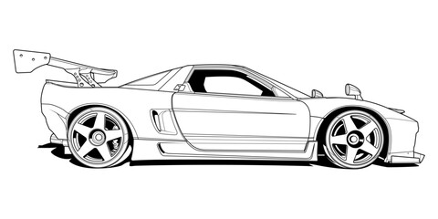 Vector coloring page illustration of a high-speed car. Black contour line art, isolated on a white background. Clean stroke outline without fill, perfect for books, drawing activities