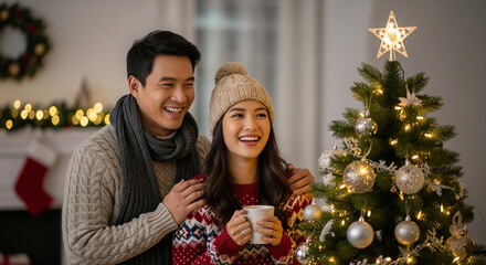 A happy Asian couple smiling and looking at a decorated Christmas tree in a cozy living room during the holiday season.