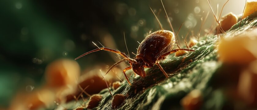 Detailed microscopic view of a mite crawling on a leaf surface, showcasing its intricate anatomy and the surrounding environment Concept of parasitism and entomology
