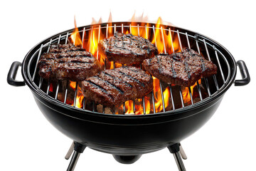 Grilled Steaks on a Black Charcoal Grill with Flames