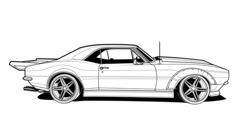 Adult coloring page vector illustration of a high-speed car in a side view. Black contour line art, isolated on a white background, perfect for books, drawing activities, and graphic design projects.