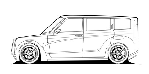 Vector line art classic car illustration coloring book page for adult drawing. Paper, outlines vehicle. Graphic element. Wheel. Black contour sketch illustrate Isolated on white background.