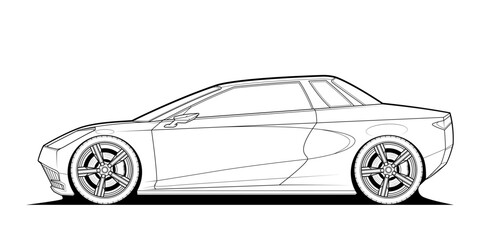Adult coloring page for book and drawing. Car vector line art illustration. High speed drive vehicle. Graphic element. wheel. Black contour sketch illustrate Isolated on white background.