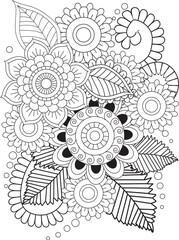 Intricate floral mandala coloring page for relaxation and creative expression white background
