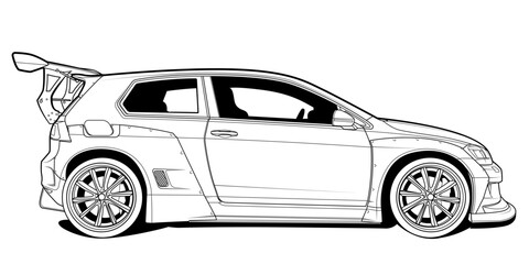 Dynamic black and white vector illustration of a sports car, embodying speed, power, and adrenaline. Perfect for automotive themes and racing enthusiasts. Capture the essence of speed in your design.