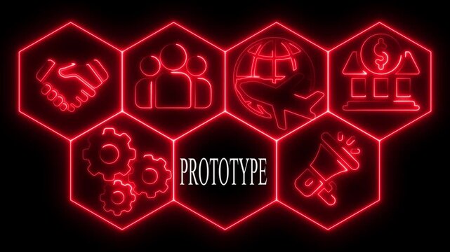 Prototype concept animated neon icons representing business and teamwork elements