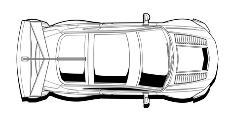 Dynamic black and white vector illustration of a sports car, embodying speed, power, and adrenaline. Perfect for automotive themes and racing enthusiasts. Capture the essence of speed in your design.