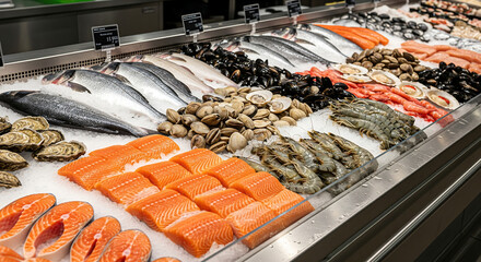 Fish Market Counter with Fresh Salmon Fillets and Oysters
