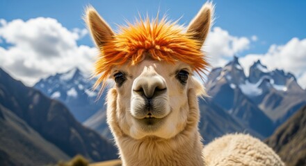 Fototapeta premium Close up portrait of a fluffy alpaca with orange hair in the Andes mountains