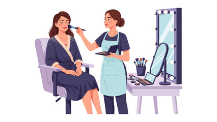 Professional makeup artist applying cosmetics to a client in a salon setting with beauty tools