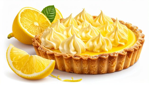 Golden baked lemon tart with creamy filling citrus sweet dessert pastry food isolated on white background
