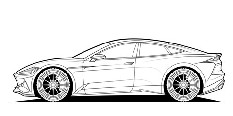 Adult coloring page for book and drawing. Car vector line art illustration. High speed drive vehicle. Graphic element. wheel. Black contour sketch illustrate Isolated on white background.