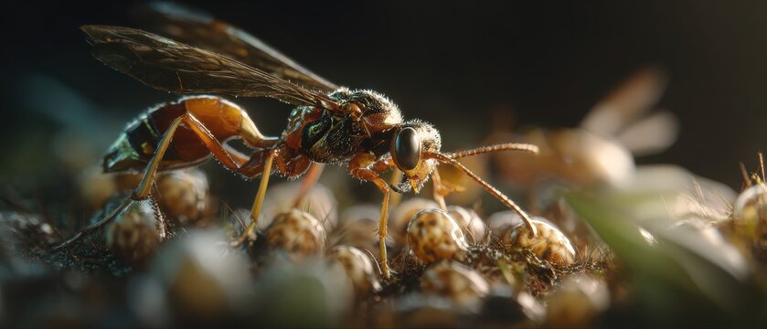 Closeup of a parasitic wasp laying eggs on a host, showcasing insect parasitism and the intricate details of natures life cycle in macro photography