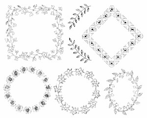 Collection of hand drawn floral and leaf borders and frames in black and white