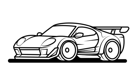 Stylized sports auto. Vehicle black contour illustration isolated on white background. Vector line art cartoon car, concept design.  Coloring page for books. Cower drawing. 
