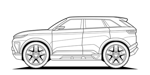 Coloring page contouring for book and drawing. Concept vector illustration. Offroad drive vehicle. Graphic element. Car wheel. Black contour sketch illustrate Isolated on white background.