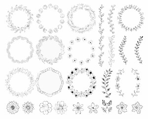 Collection of hand drawn floral wreaths and botanical elements