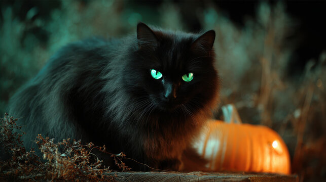 Black cat, green eyes, carved pumpkin, night scene with moody glow and spooky charm - Powered by Adobe