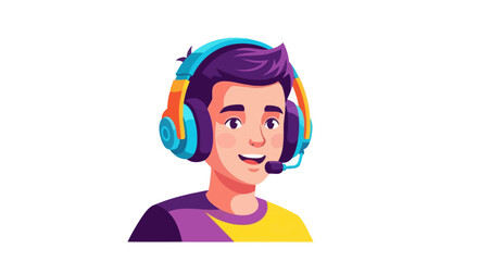 Smiling Cartoon Gamer Wearing Colorful Headphones and Microphone.