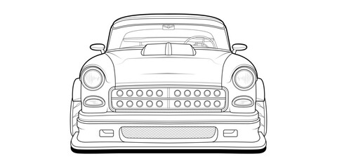 Digital line drawing of a modified classic muscle car, Black and white sports car with custom wheels, aerodynamic body kit, and a rear spoiler. Line art Isolated on a white background