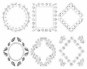 Collection of six hand drawn floral and leaf decorative borders and frames
