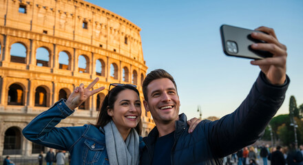 Young Couple Taking a Selfie at the Colosseum in Rome
