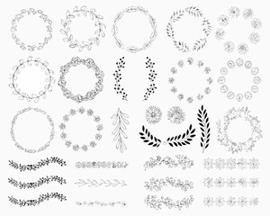 Collection of hand drawn floral wreaths and botanical elements
