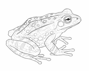 Detailed black and white line drawing of a frog on a white background