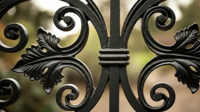 General People & Lifestyle Ornate Black Iron Fence with Elegant Scrollwork and Leaf Details