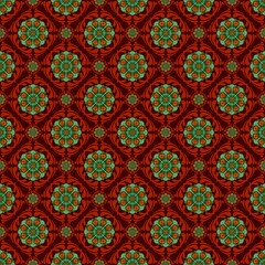 thai art pattern,green, red curves and painted to create flowers shape,leaves with red background in geometric patterns to as sarong,tile,printed fabric,batik,fabric,tablecloth patterns.