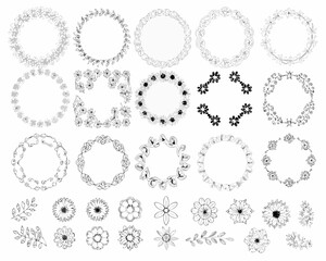 Collection of hand drawn floral wreaths and decorative elements