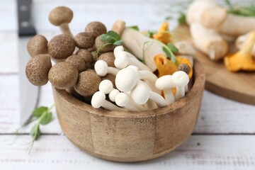 Different raw mushrooms and microgreens in bowl on light wooden table, closeup