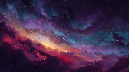 Naklejka premium Whimsical space nebula with swaths of vibrant purple, blue, gold, and red colors