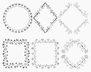 Obraz premium Collection of hand drawn floral frames and borders in black and white
