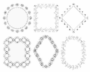 Collection of six hand drawn floral and leaf decorative frames and borders
