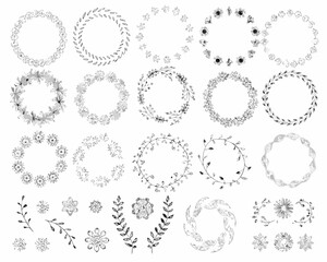 Collection of hand drawn floral wreaths and botanical elements