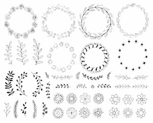 Collection of hand drawn floral wreaths leaves and flowers elements