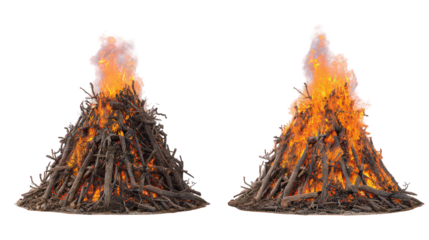 Two Burning Piles Of Wood With Bright Orange And Yellow Flames Against A Black Background