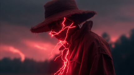 Scarecrow creepy glowing red lightning night farm mood with eerie energy crackle